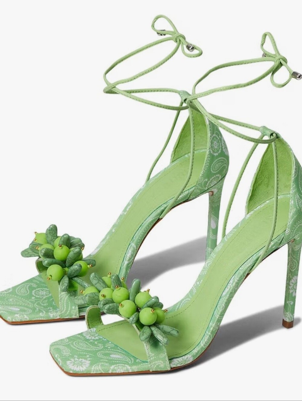 Schutz Tasha Stiletto Lace Up Lime Green Paisley Beaded Fabric Heels Women 8